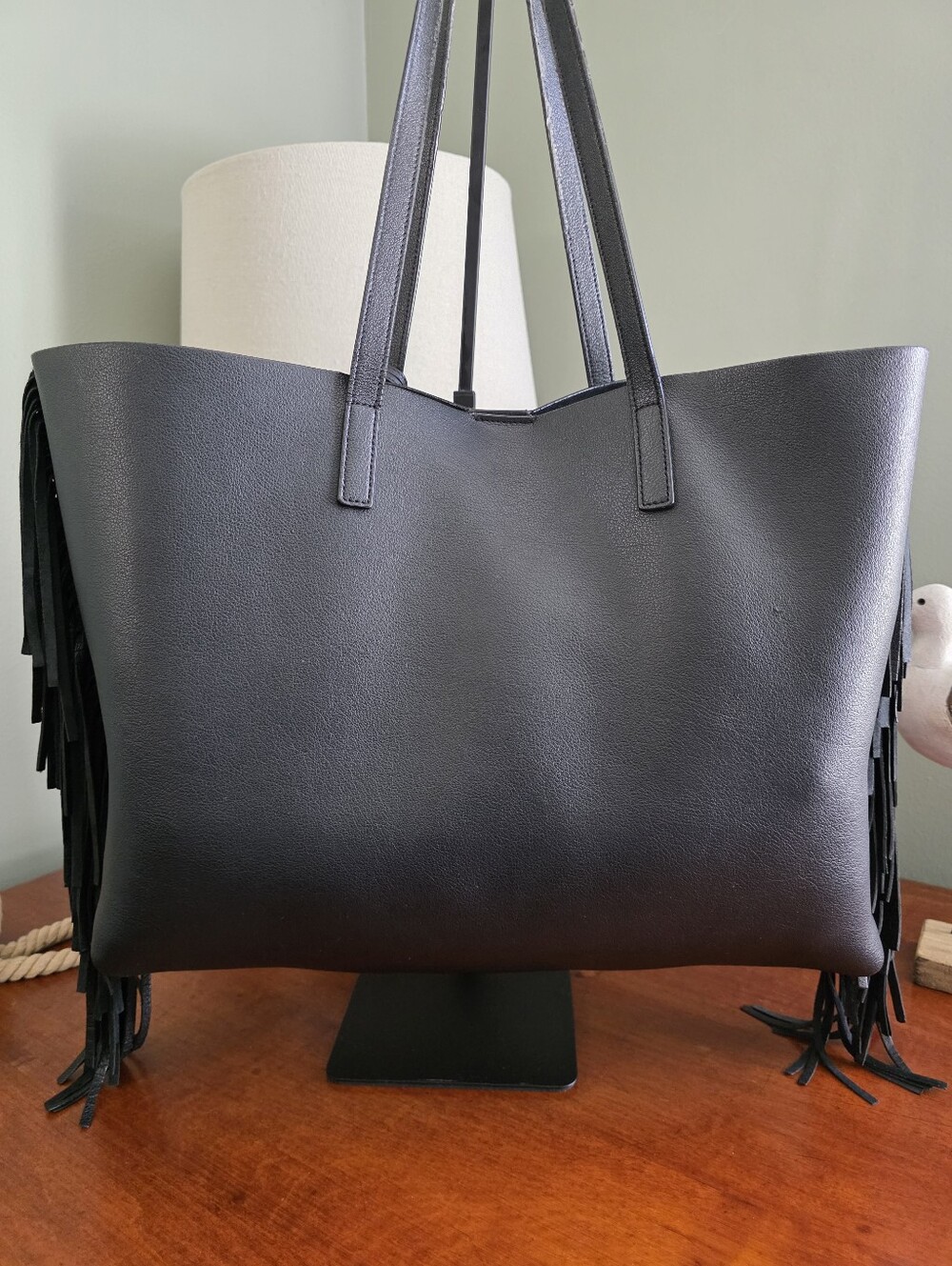 YSL Saint Laurent Paris Black Leather Fringe Tote Bag COA Detachable Pouch Large - Picture 4 of 16
